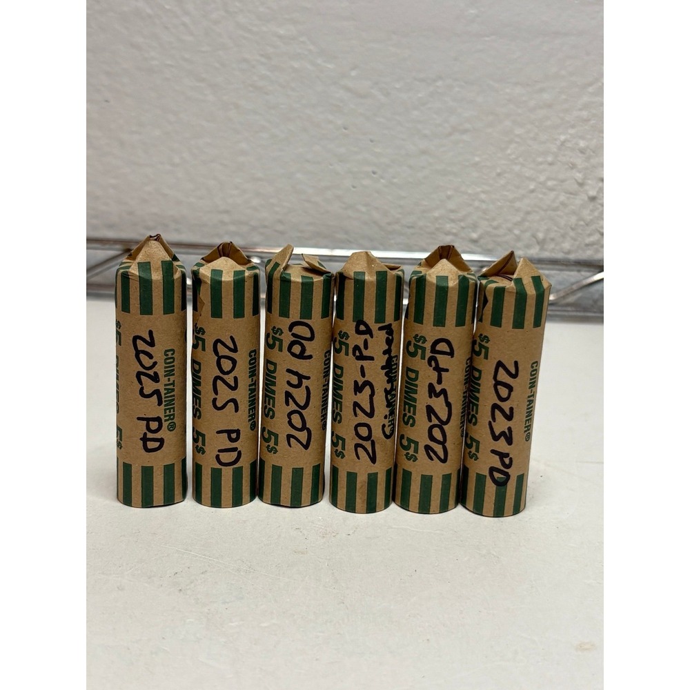 Lot of 6 Hand-Wrapped $5 Dime Rolls (2023, 2024, 2025 P&D) $30 Face Value - Coin